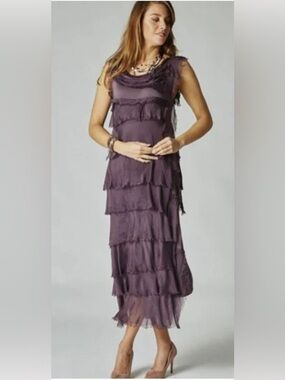 Made In Italy Layered Tiered Ruffle Silk Blend Midi Dress Boho Raw Edge One Size
